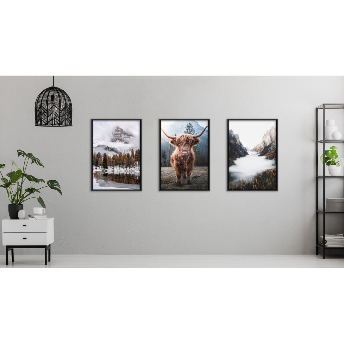 ZESTAW 3x Plakat W Ramie Góry LAS We Mgle Krowa Pejzaże 3D 60x80cm