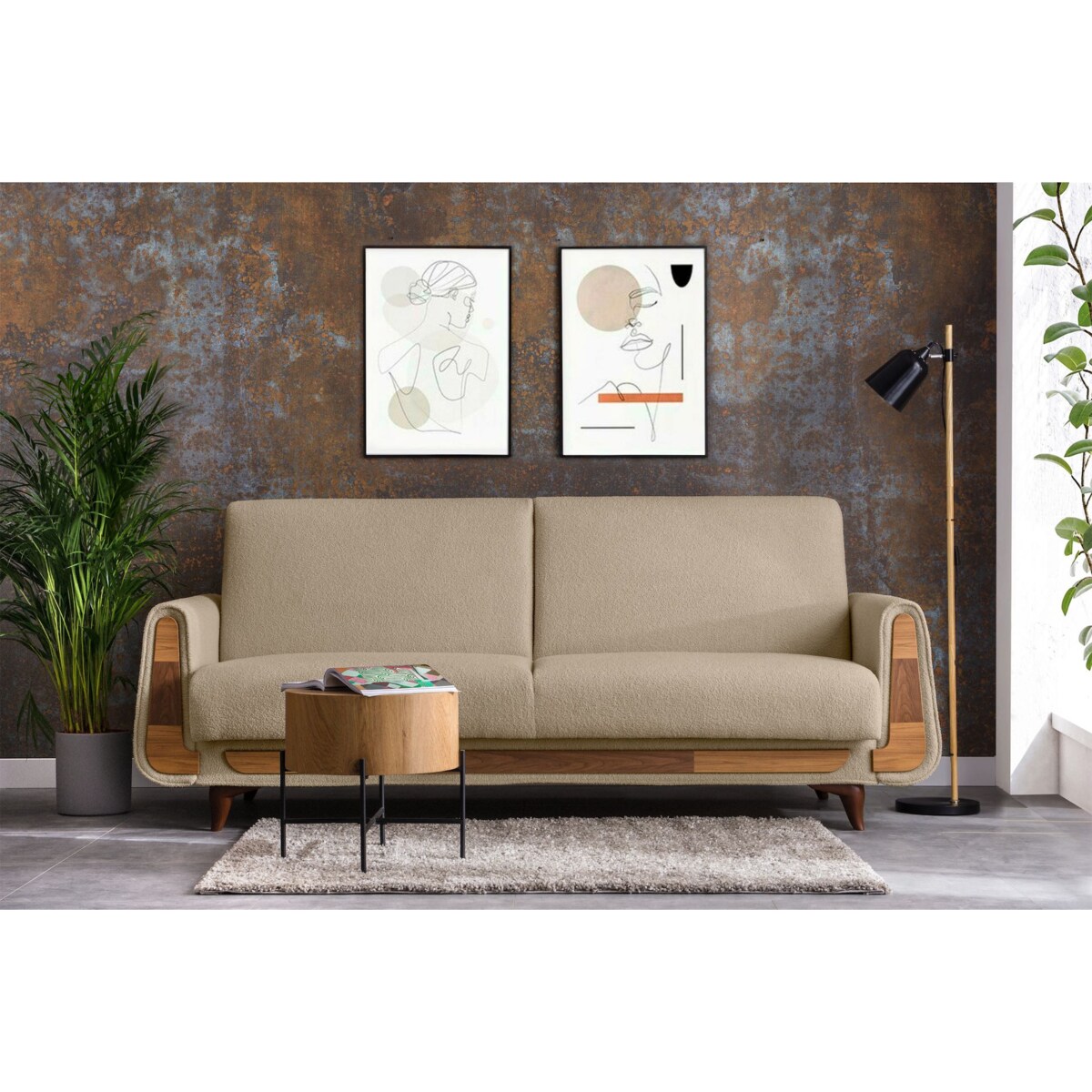 KONSIMO GUSTAVO Sofa trzyosobowa wykonana z beżowej tkaniny boucle