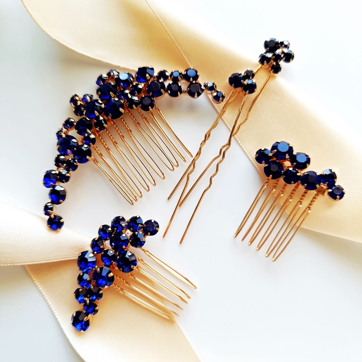 Niebieski złoty komplet ozdób do włosów grzebyki szpilki wsuwki kokówki WOW