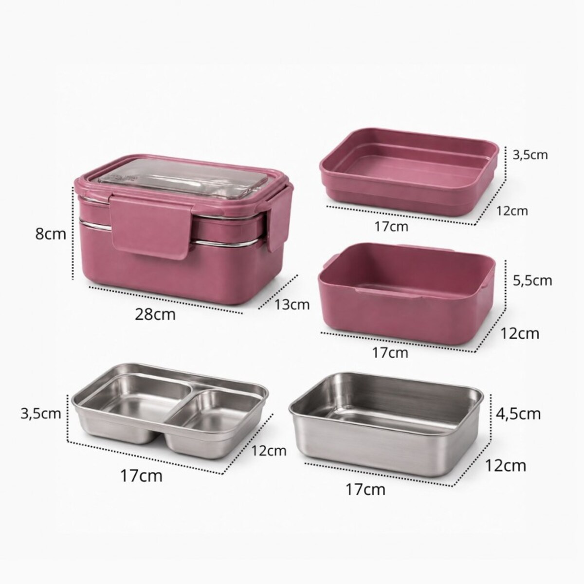 Śniadaniówka LUNCH BOX z widelcem, stal nierdzewna, 2 poziomy, ciemny róż PJM50CR