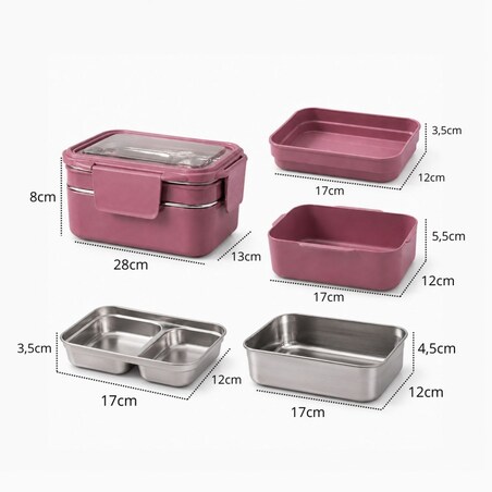Śniadaniówka LUNCH BOX z widelcem, stal nierdzewna, 2 poziomy, ciemny róż PJM50CR
