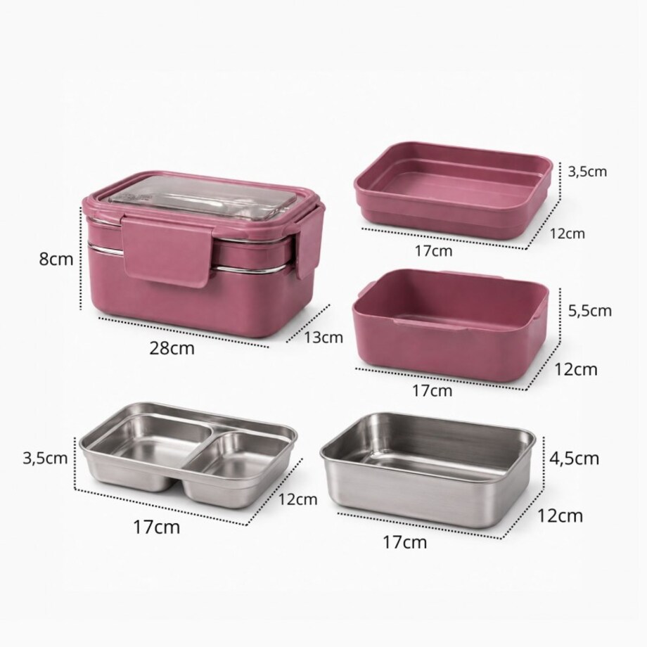 Śniadaniówka LUNCH BOX z widelcem, stal nierdzewna, 2 poziomy, ciemny róż PJM50CR