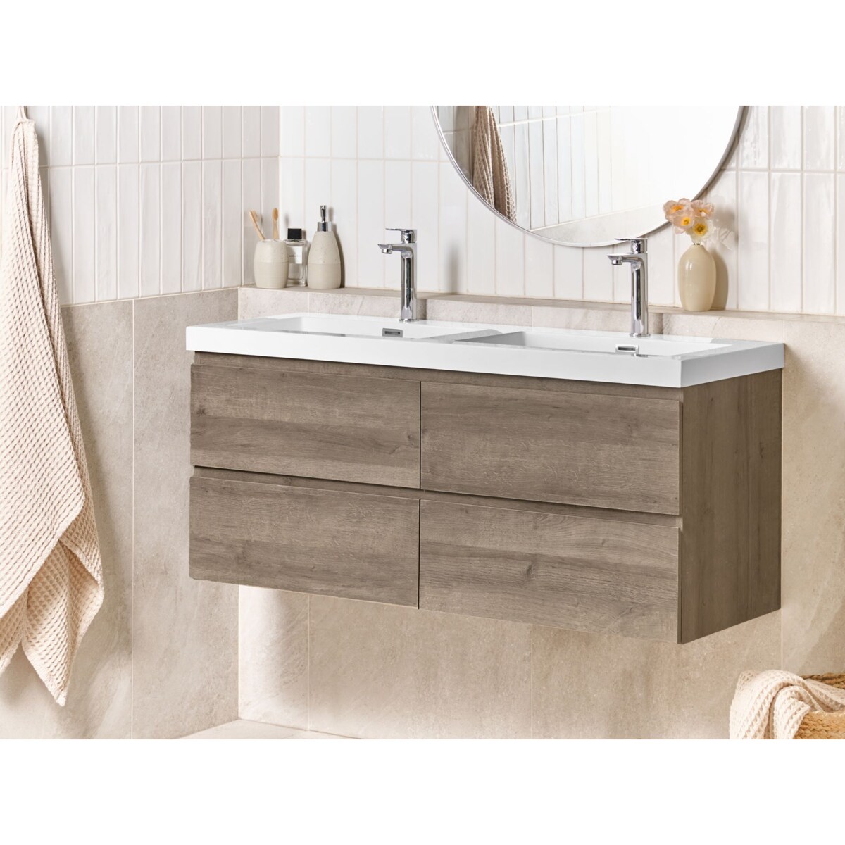 Szafka łazienkowa wisząca z podwójną umywalką VIEDMA 120 cm 52 cm Beżowoszary