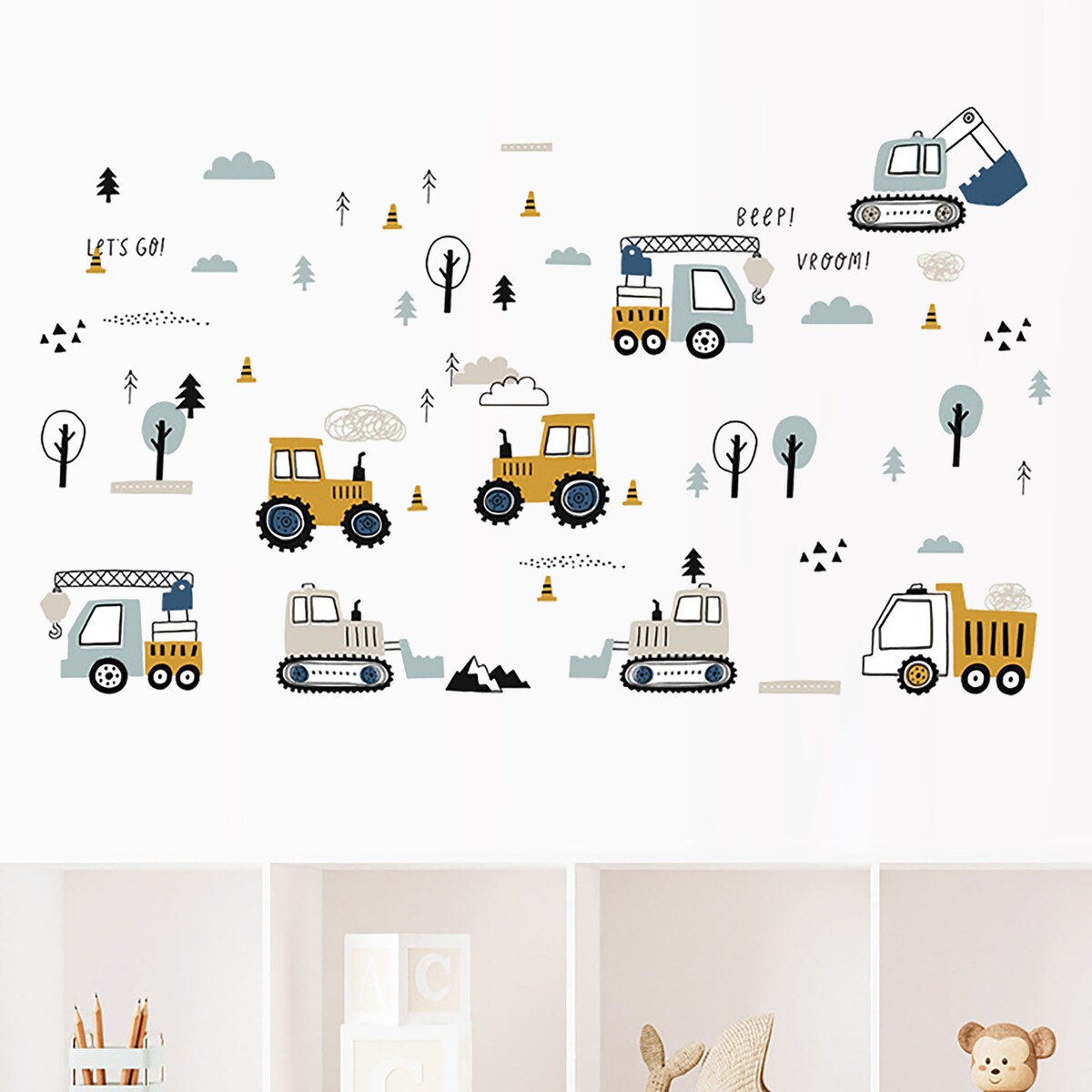 naklejki na ścianę do pokoju dziecka, sipo, traktory i koparki