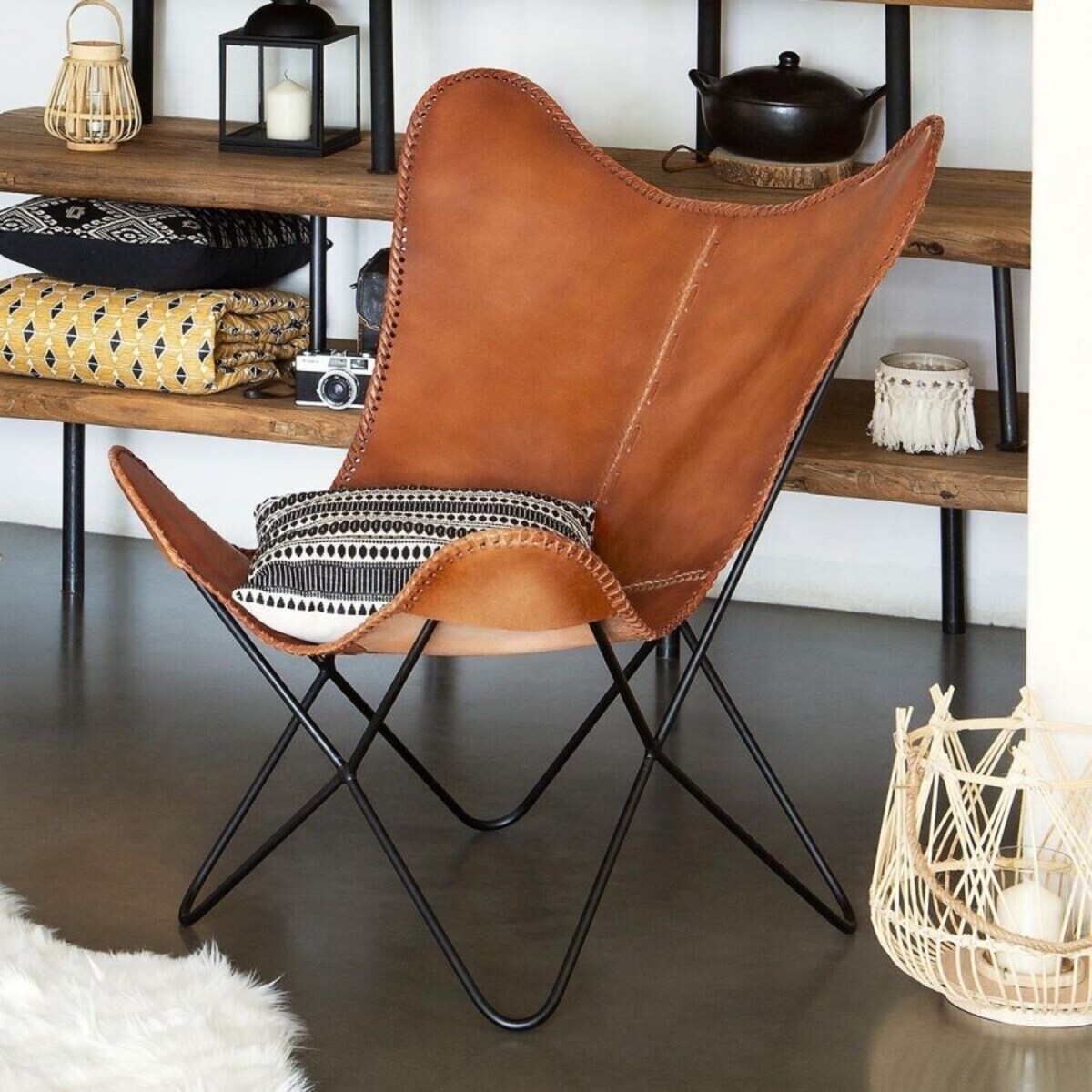 Fotel BUTTERFLY skóra naturalna koniakowy brąz