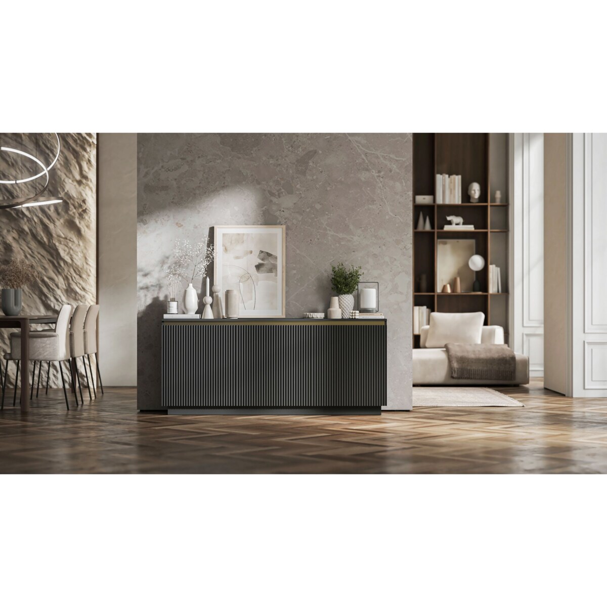 Komoda Glamour Nowoczesna Szafka RTV Czarny MAT ryflowane fronty 166,8 cm