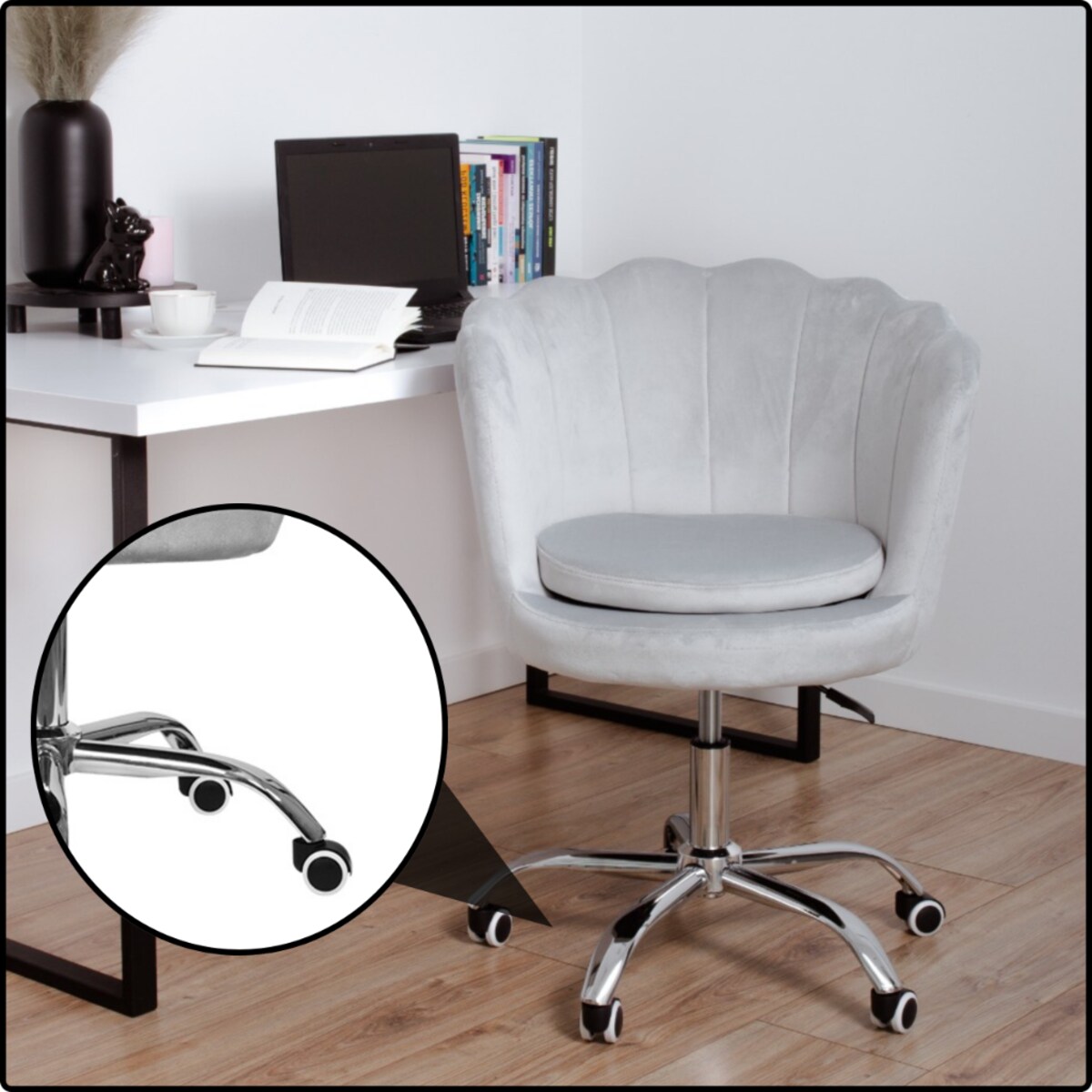 Fotel obrotowy krzesło muszelka welurowy do biurka toaletki szare shell