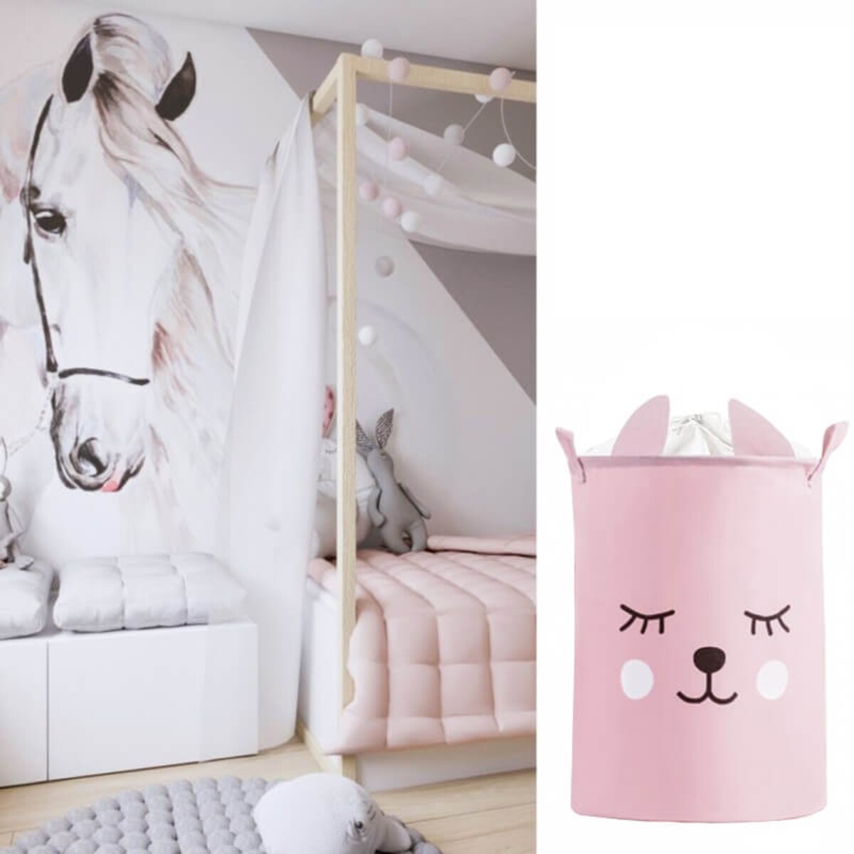 bawełniany kosz na zabawki sipo, zamykany na ściągacz, różowy miś, xl