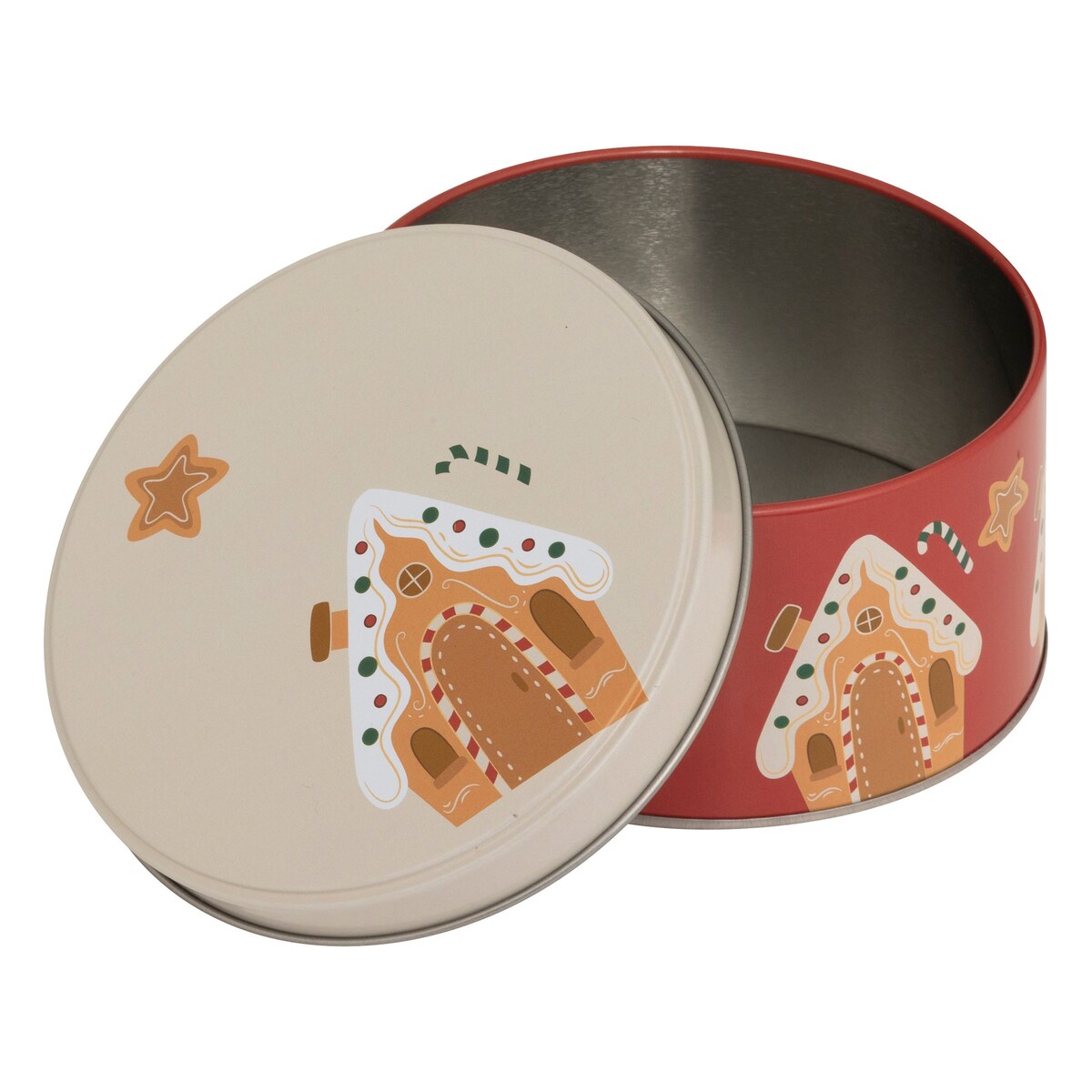 Puszka 3 szt. metalowa na ciastka świąteczne 19,5x8,6 cm POTERE czerwona z białą pokrywką z piernikowym domkiem