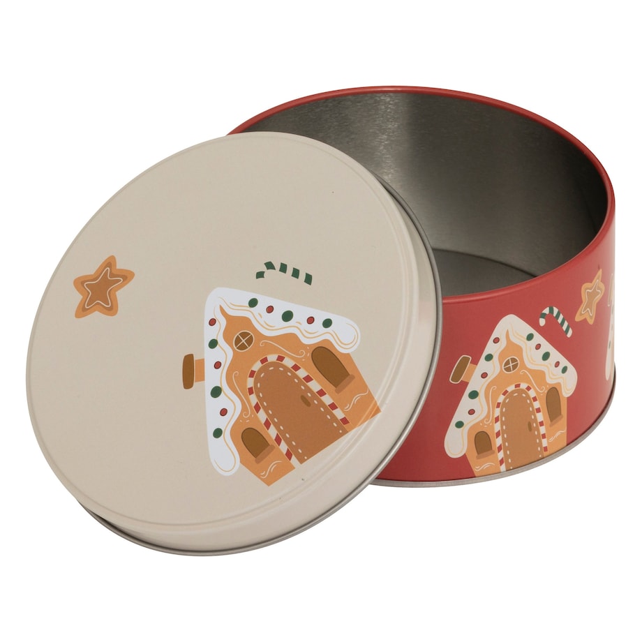 Puszka 3 szt. metalowa na ciastka świąteczne 19,5x8,6 cm POTERE czerwona z białą pokrywką z piernikowym domkiem