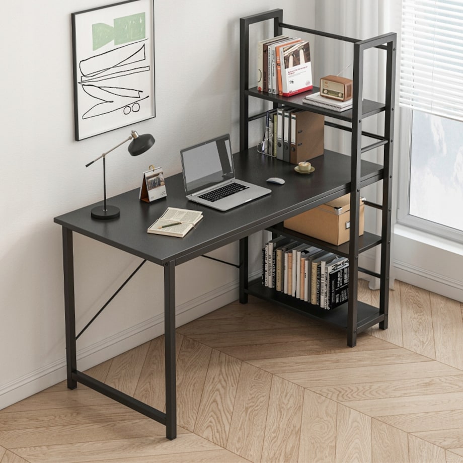 Biurko komputerowe stolik loft czarne industrialne z regałem 120 cm