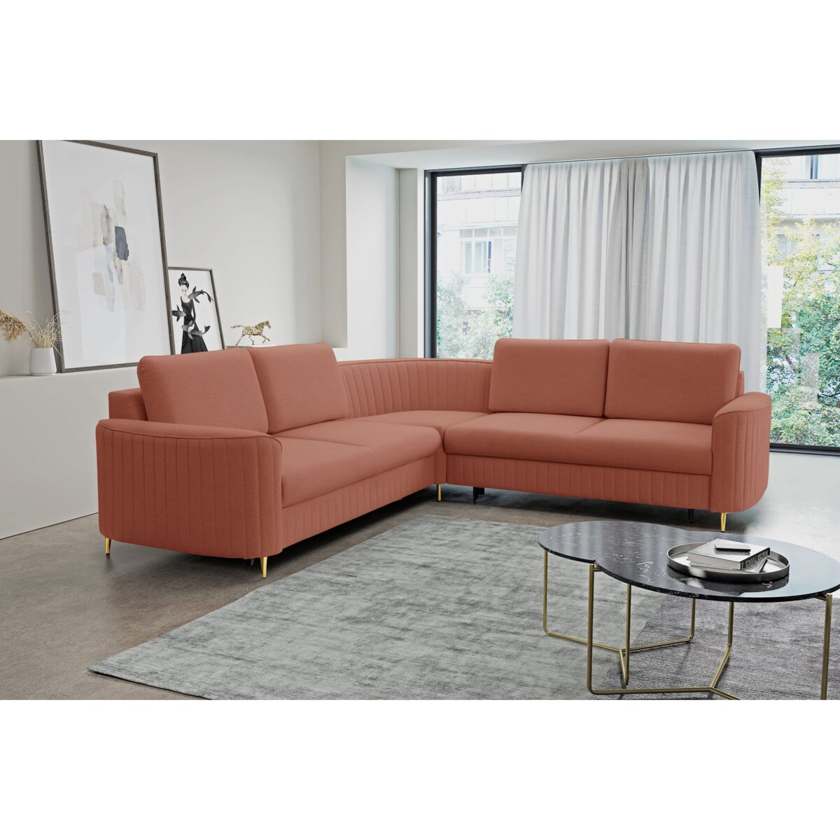 Narożnik z funkcją spania i pojemnikiem na pościel LOREN, koralowy