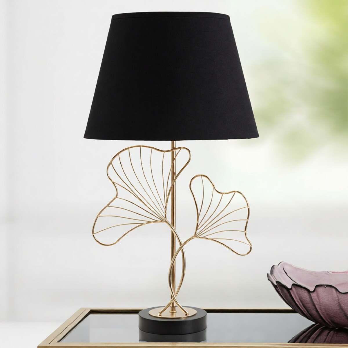Lampa stołowa Leaves, kolor czarny i złoty, żelazo, PVC i poliester, 30 x 30 x 60 cm, 1 x E27, motyw: liście, do salonu i sypialni, Mauro Ferretti