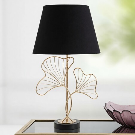 Lampa stołowa Leaves, kolor czarny i złoty, żelazo, PVC i poliester, 30 x 30 x 60 cm, 1 x E27, motyw: liście, do salonu i sypialni, Mauro Ferretti