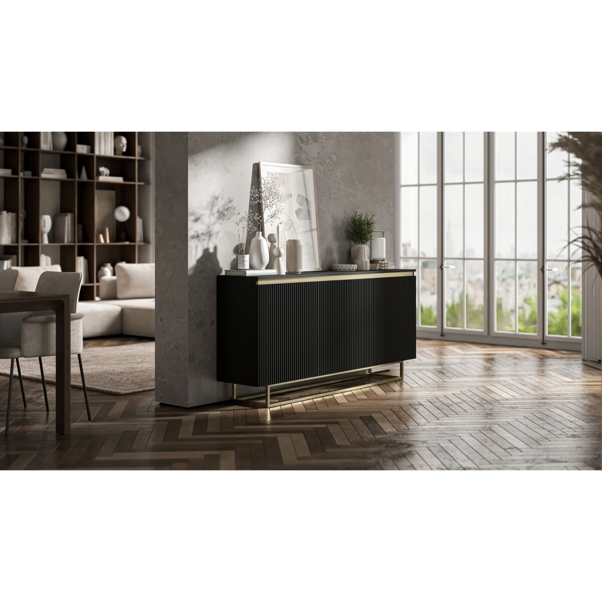 Komoda Glamour Szafka RTV Czarny MAT ryflowane fronty złote akcenty 166,8 cm