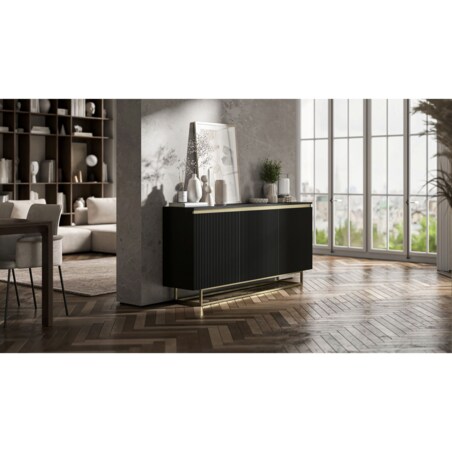 Komoda Glamour Szafka RTV Czarny MAT ryflowane fronty złote akcenty 166,8 cm
