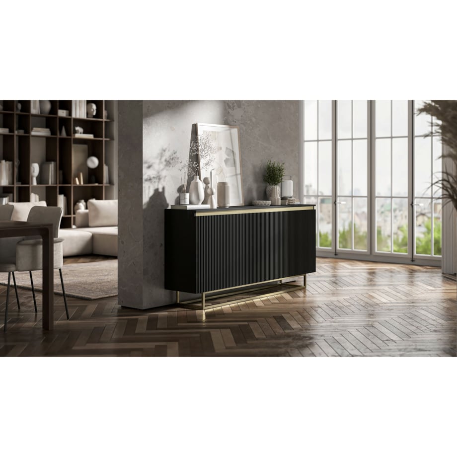 Komoda Glamour Szafka RTV Czarny MAT ryflowane fronty złote akcenty 166,8 cm