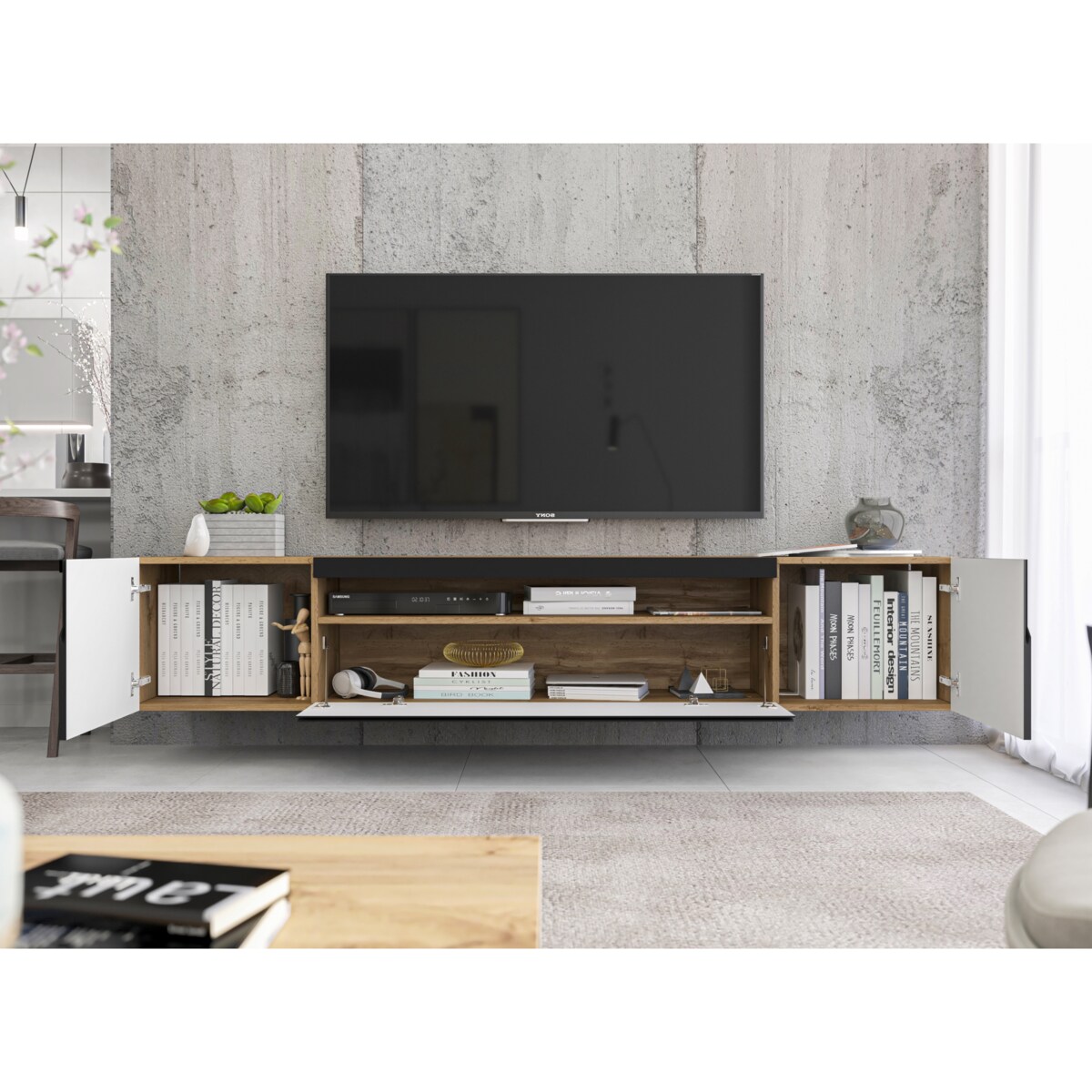 Wisząca Szafka RTV Komoda RTV Loft Industrialna Dąb Artisan Czarny MAT 200 cm