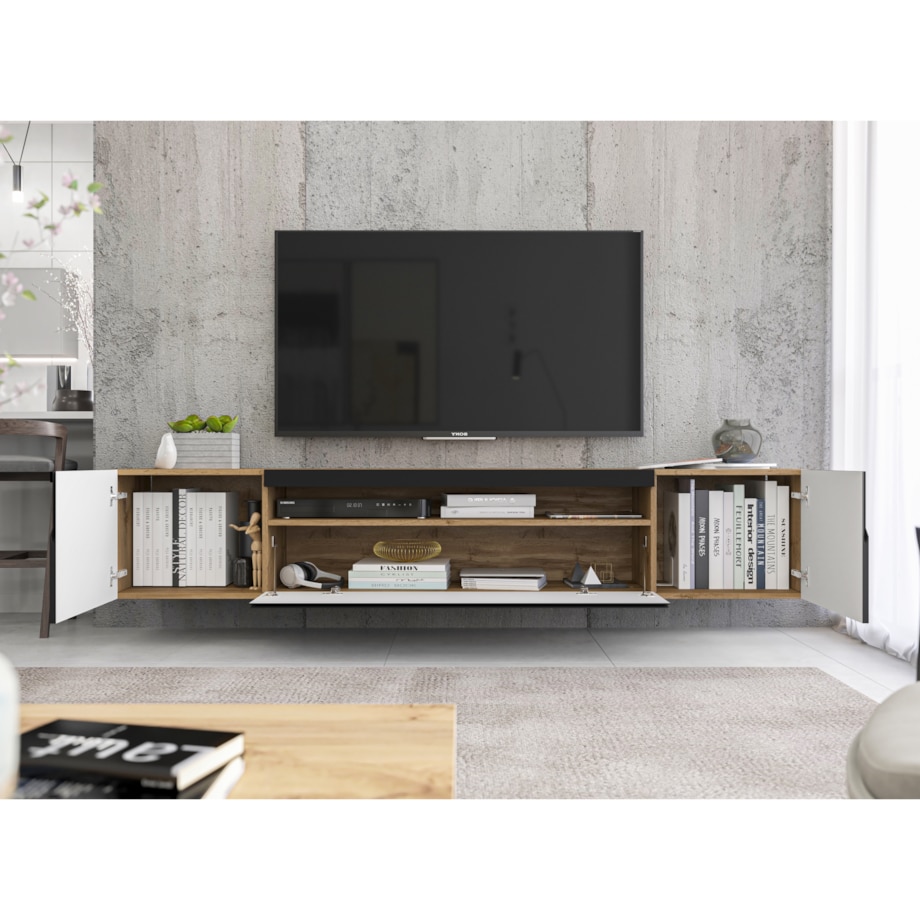 Wisząca Szafka RTV Komoda RTV Loft Industrialna Dąb Artisan Czarny MAT 200 cm