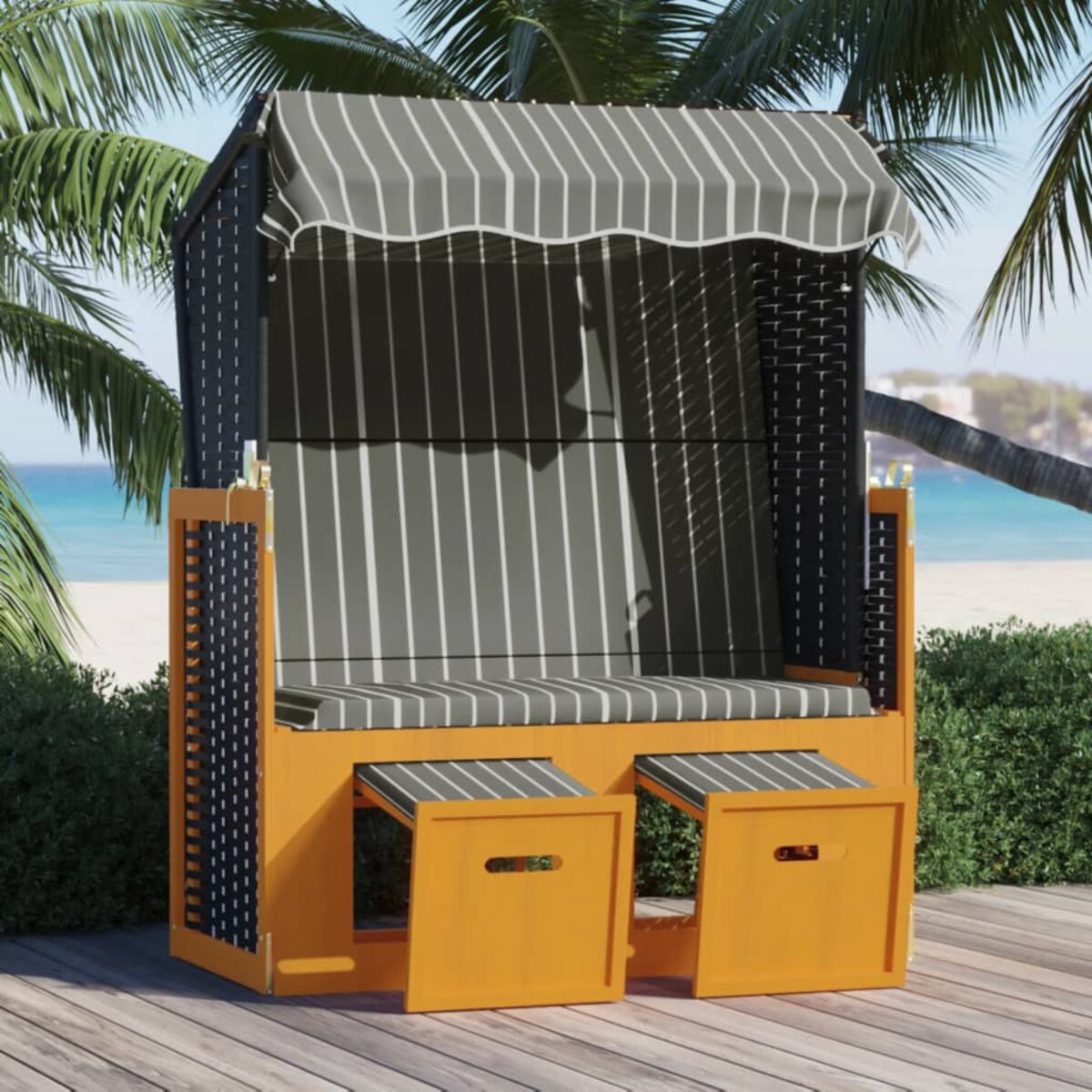 vidaXL Kosz plażowy z zadaszeniem, rattan PE i drewno, czarno-szary