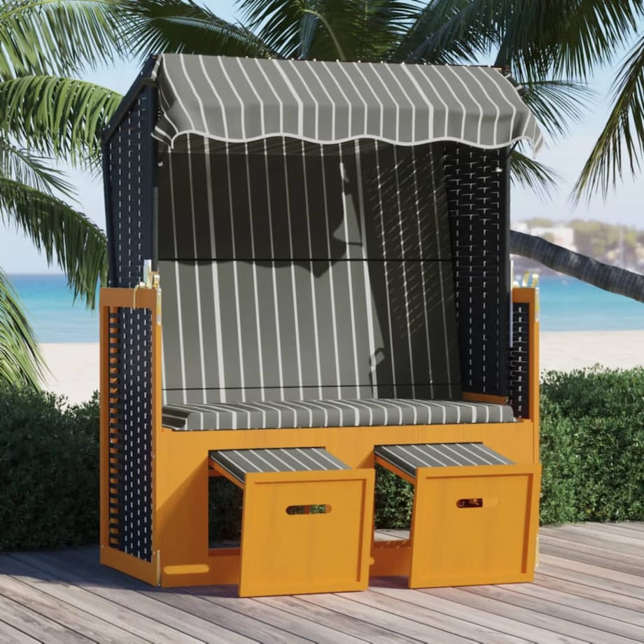 vidaXL Kosz plażowy z zadaszeniem, rattan PE i drewno, czarno-szary