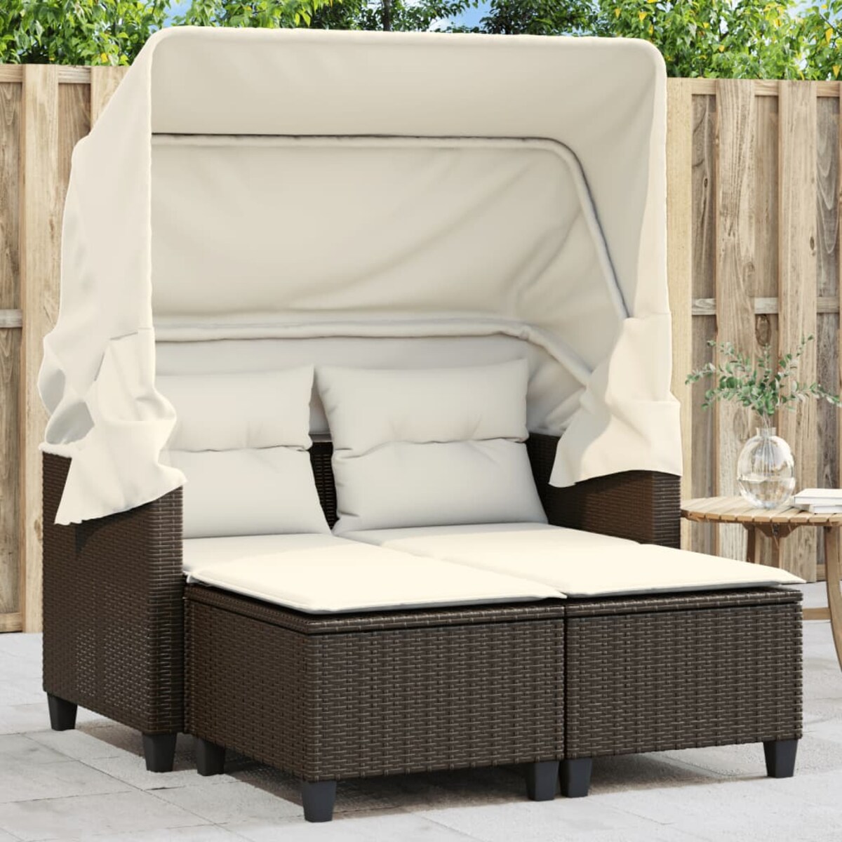 vidaXL 2-os. sofa ogrodowa, daszek i podnóżki, brązowa, rattan PE