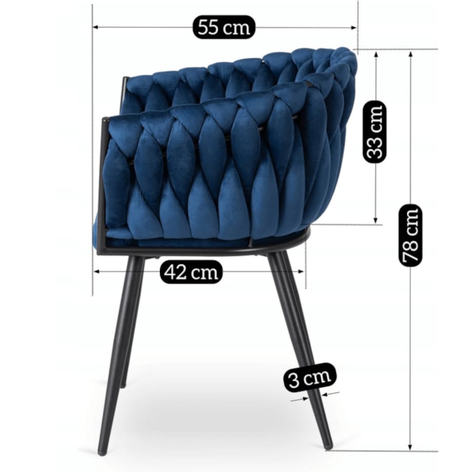 Krzesło Plecione Tapicerowane Loft Welurowe Do Salonu Jadalni Granat ELENA