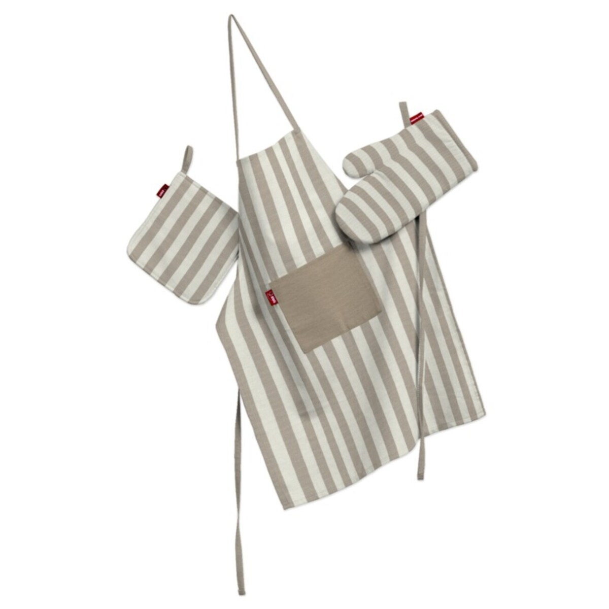 Komplet kuchenny fartuch,rękawica i łapacz, beżowo-białe pasy (1,5cm), kpl, Quadro