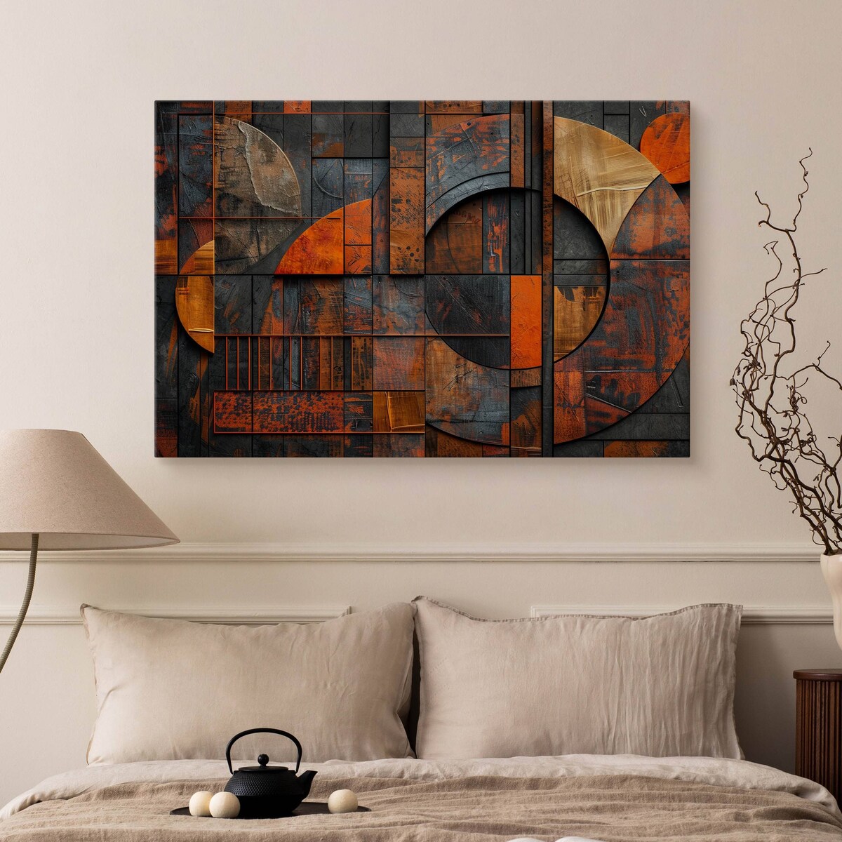 Obraz Canvas Do Salonu Abstrakcja Okręgi Imitacja Drewna Metal 120x80cm