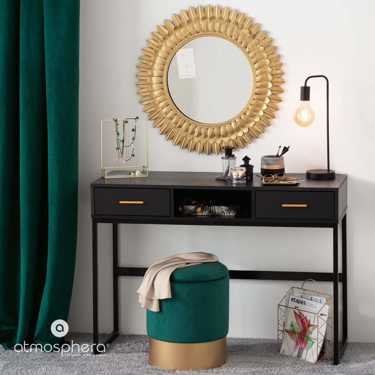 Lustro na ścianę w ramie ze złotych liści, lustro ozdobne, lustro okrągłe, lustro glamour, lustra dekoracyjne, lustro wiszące - Ø 70 cm