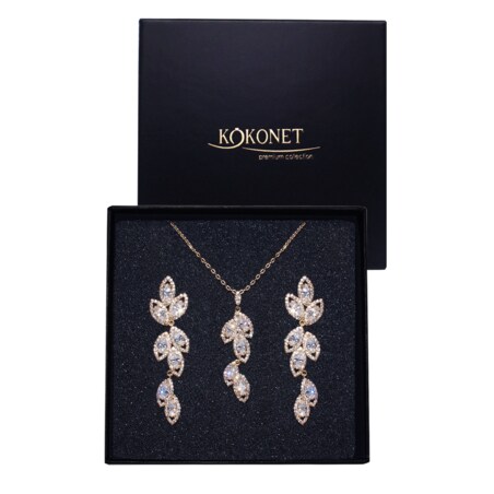 Komplet biżuterii ŚLUBNEJ złoty naszyjnik kolczyki listki długi lekki