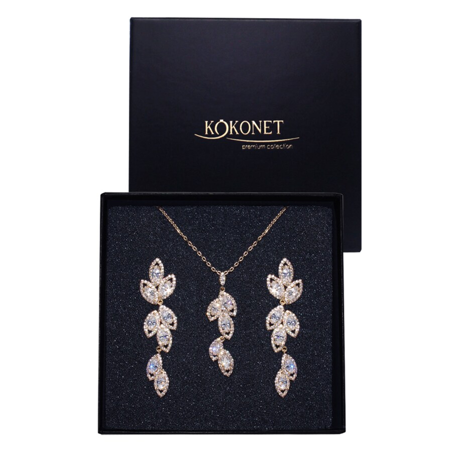 Komplet biżuterii ŚLUBNEJ złoty naszyjnik kolczyki listki długi lekki