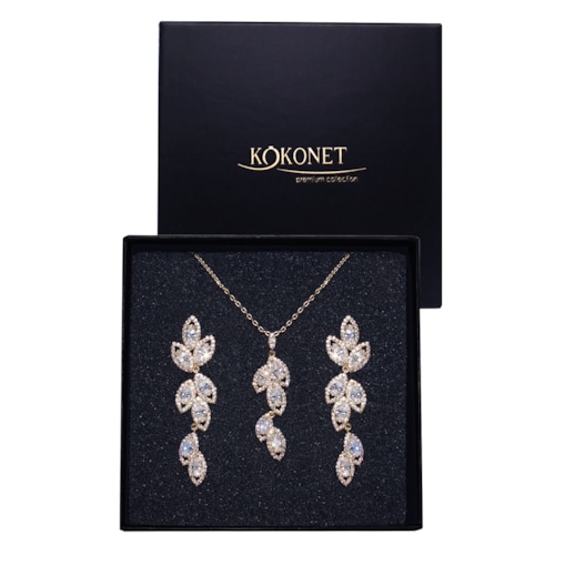 Komplet biżuterii ŚLUBNEJ złoty naszyjnik kolczyki listki długi lekki