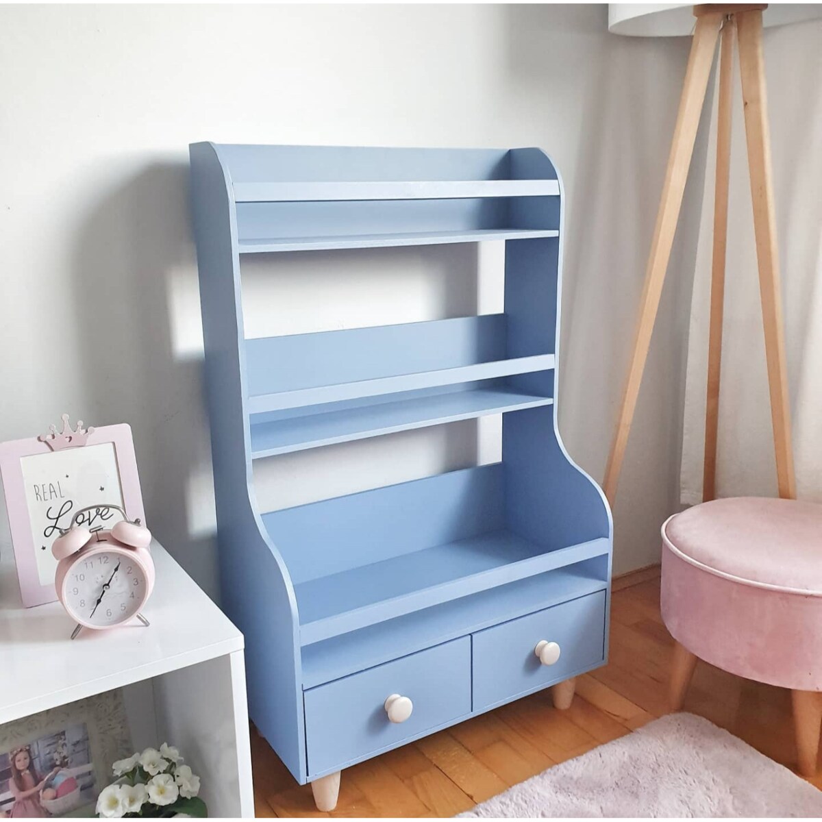 DREWNIANY STOJĄCY REGAŁ, BIBLIOTECZKA DLA DZIECI Z SZUFLADKAMI NIEBIESKI