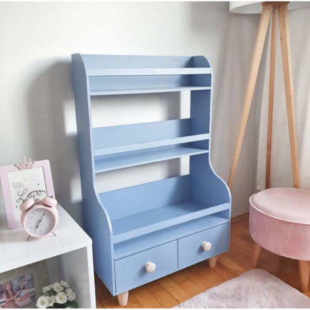 DREWNIANY STOJĄCY REGAŁ, BIBLIOTECZKA DLA DZIECI Z SZUFLADKAMI NIEBIESKI
