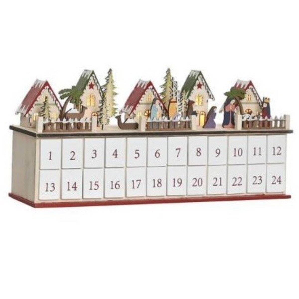 Kalendarz adwentowy LED 23x45x11 cm ze stajenką wśród domków