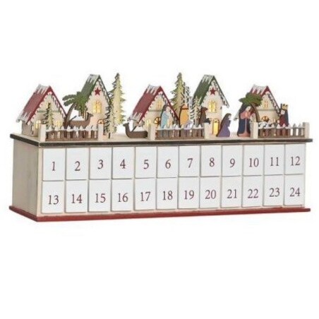 Kalendarz adwentowy LED 23x45x11 cm ze stajenką wśród domków