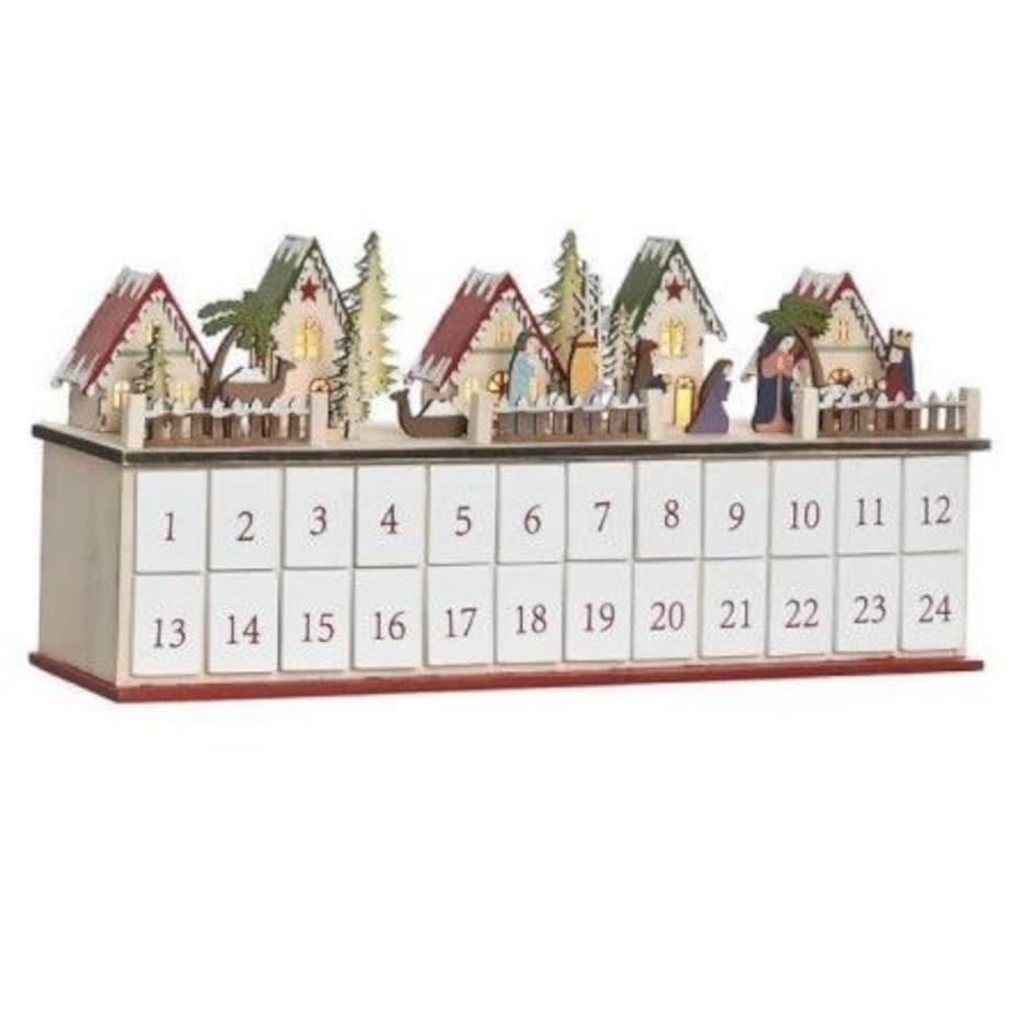Kalendarz adwentowy LED 23x45x11 cm ze stajenką wśród domków