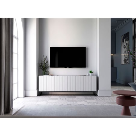 Szafka RTV Loft Biały MAT Komoda RTV Glamour 150 cm Ryflowane fronty Mat