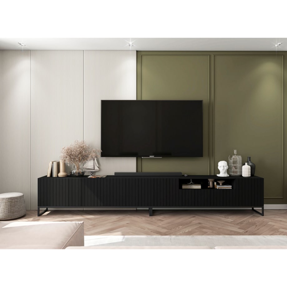 Nowoczesna Szafka RTV Glamour Komoda RTV Loft Ryflowane Fronty Czarny Mat 300 cm