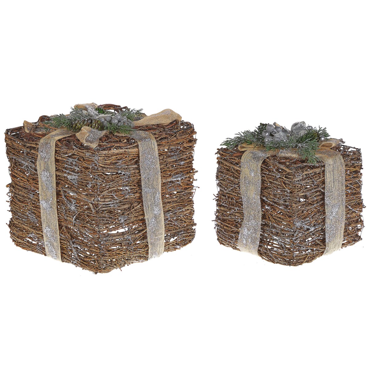 Zestaw 2 ozdobnych prezentów świątecznych rattanowy srebrny INARI
