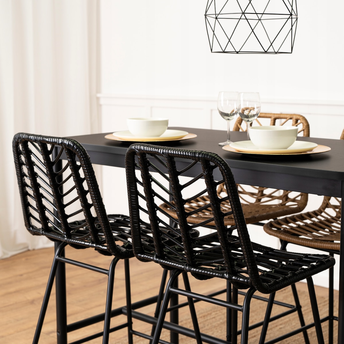 Hoker Krzesło Barowe Kuchenne Do Jadalni Ogrodowe Taras Rattan Czarne Jerry