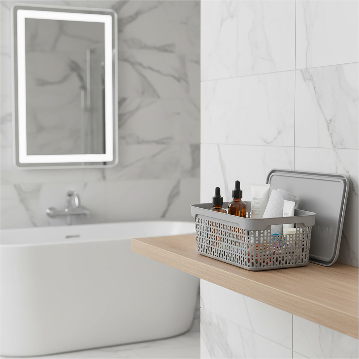 Koszyk Koszyczek Ażurowy L Plastikowy Na Kosmetyki Do Łazienki Pojemnik Z Pokrywką Zamykany Z Dziurkami Jasnoszary