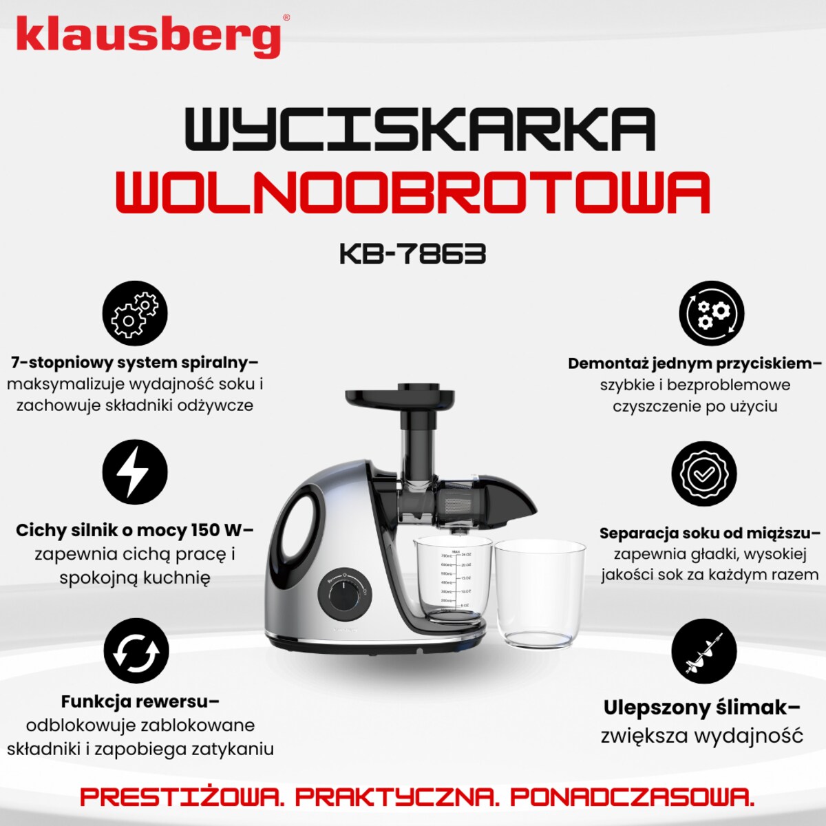 Sokowirówka wolnoobrotowa 150W do owoców i warzyw COLD PRESS KLAUSBERG KB-7863