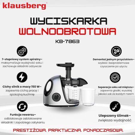Sokowirówka wolnoobrotowa 150W do owoców i warzyw COLD PRESS KLAUSBERG KB-7863