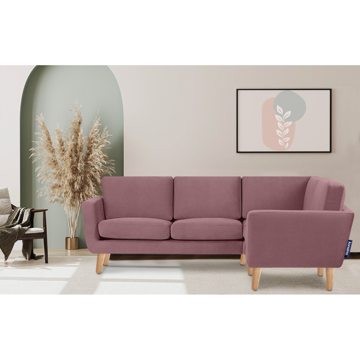 KONSIMO TAGIO Narożnik skandynawski welurowy w kolorze różowym, prawy