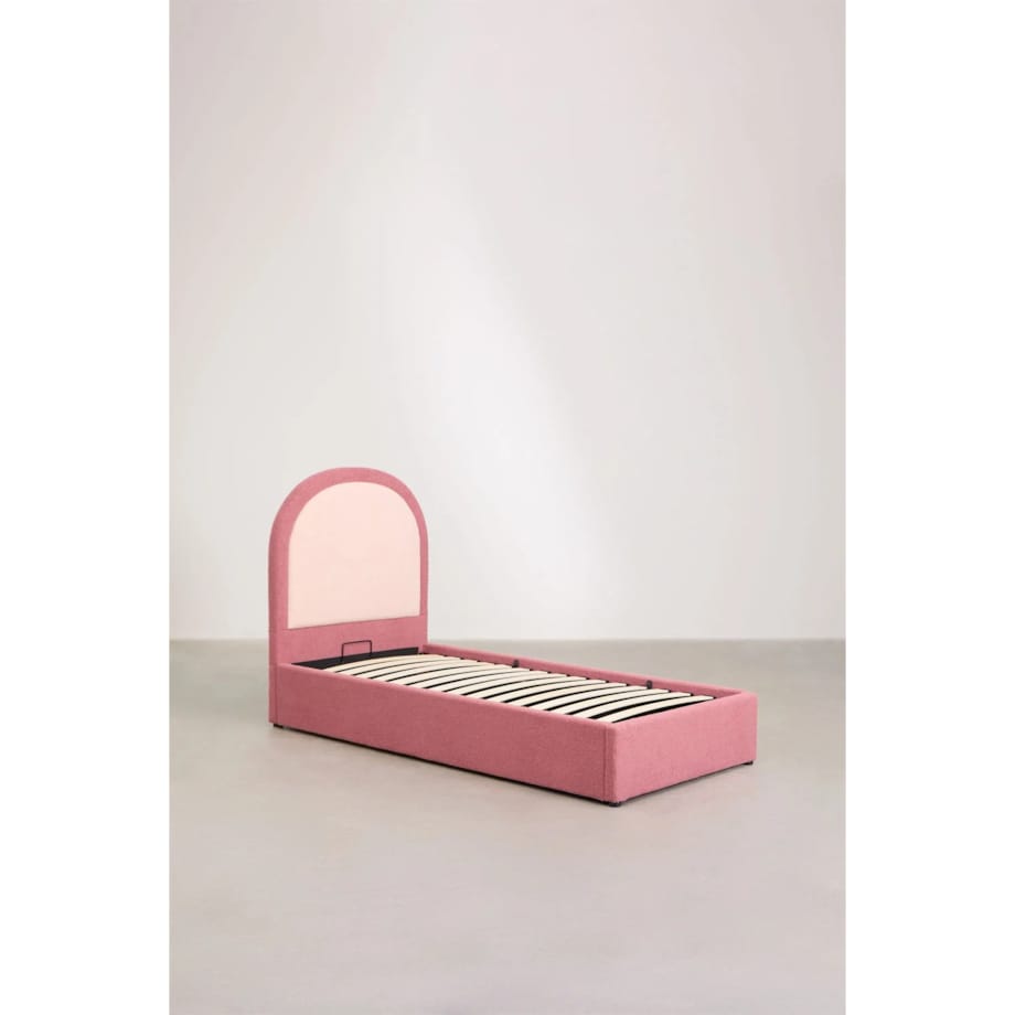 Łóżko z pojemnikiem na pościel, bouclé, różowe Kalwa 90x200 cm