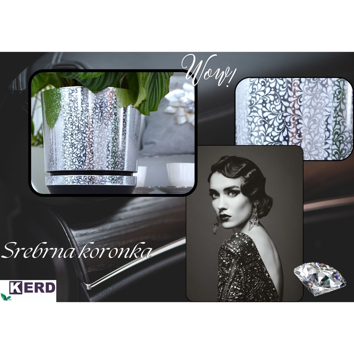 21 cm piękny wzór SREBRNA KORONKA kobieca motyw artystyczny elegancki glamour ekskluzywna wyrafinowana