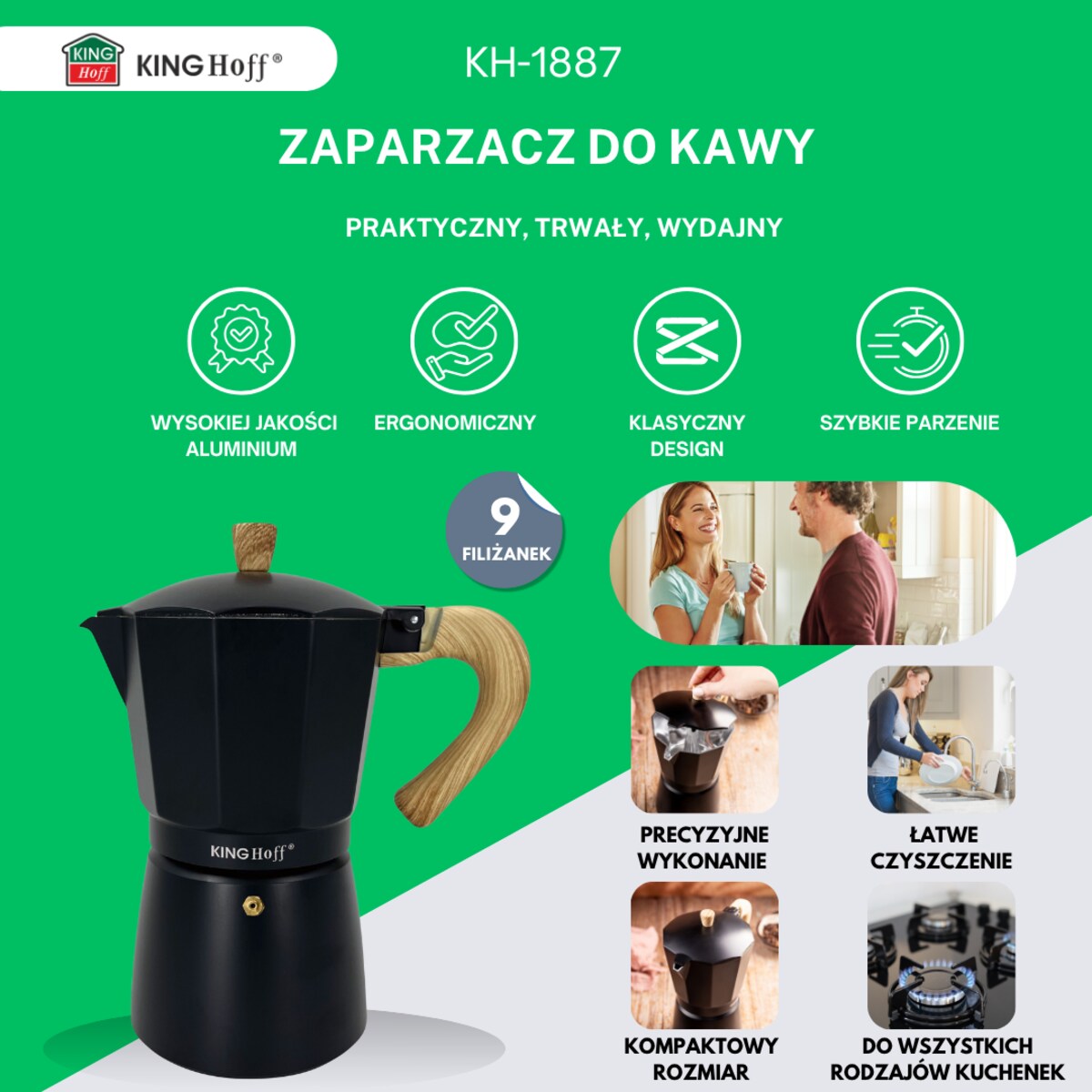 Kawiarka espresso Kafeterka ciśnieniowa indukcja KINGHOFF 450ml 9 filiżanek