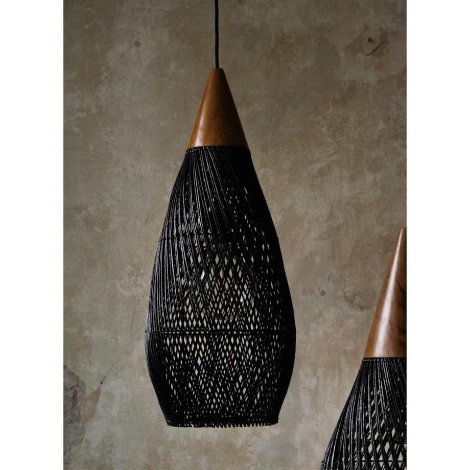 Rattanowa lampa z drewnem teakowym CONE w rozmiarze M - czarna